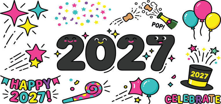 Happy New Year 2027 Celebration Set With Cute Kawaii Numbers Champagne Stars Balloons And Party Elements Vector