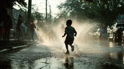 Obraz premium Joyful Splash: A child frolics in a refreshing puddle, running through a cascade of water on a sun-drenched street, celebrating the simple joys of childhood.