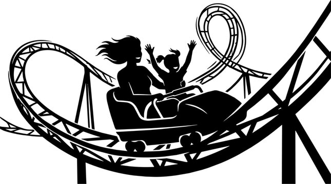 Mother and daughter ride a roller coaster car at an amusement park. Silhouette reveals looping steel tracks and smiling riders.