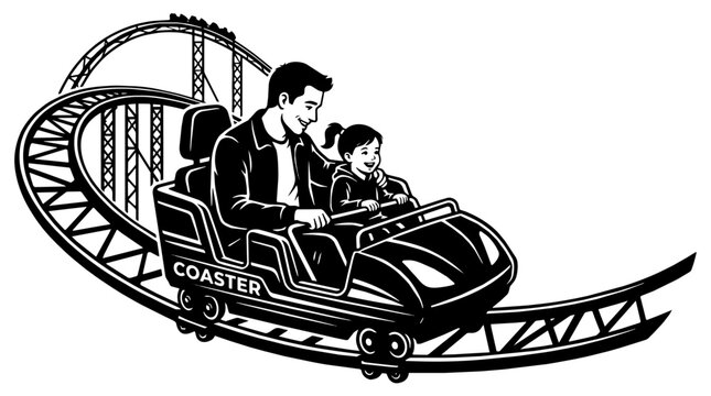 Man and child ride a roller coaster car on an amusement park track.