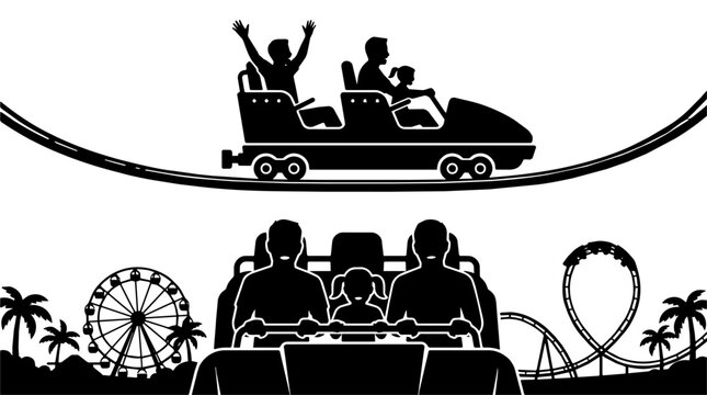 Family riding a roller coaster car at an amusement park. Silhouetted passengers raise arms and display excitement during daytime