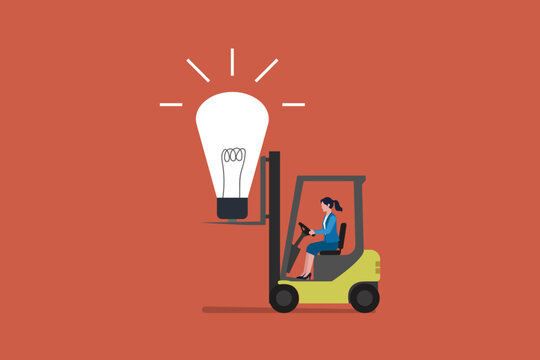 Creative business innovation concept illustration featuring forklift operator lifting light bulb, symbolizing ideas, problem solving, startup growth