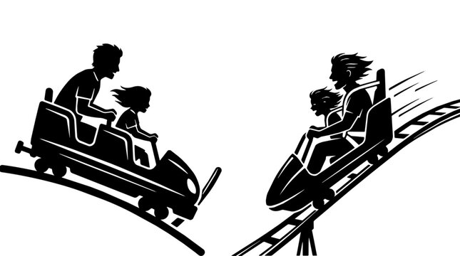 Roller coaster riders scream as two cars race along a high banked track at an amusement park. Parents hold children and hair streams back showing exhilaration.
