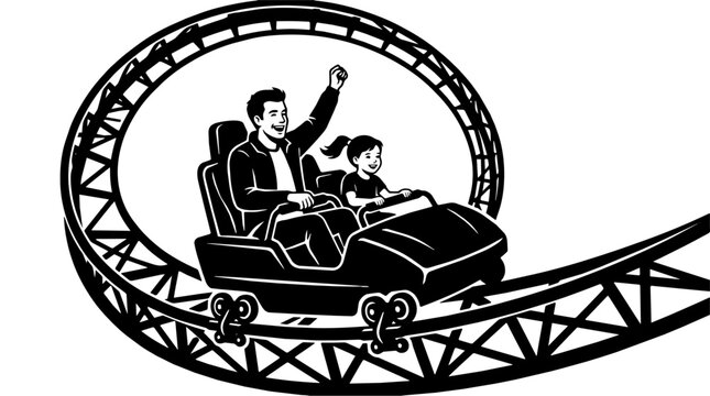 Father and daughter ride a roller coaster car through a loop at an amusement park.