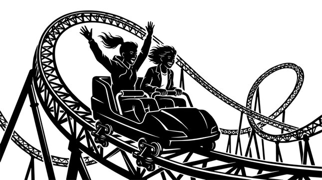 Two friends scream with hands raised on a roller coaster at an amusement park. Steel loops and curving tracks convey exhilaration.