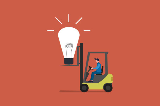 Creative business innovation concept illustration featuring forklift operator lifting light bulb, symbolizing ideas, problem solving, startup growth