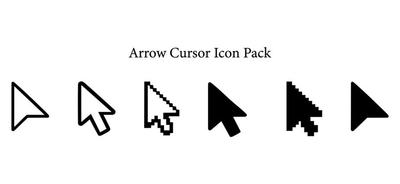 Pixel Art Mouse Cursor and Pointer Icon Set: Retro Computer Clicker Collection for Digital UI Design, Web Navigation, and Gaming Interfaces - Isolated Flat Vector Silhouettes on White Background