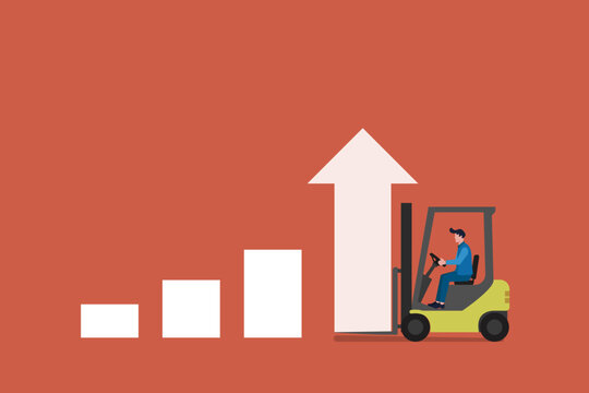 PrinBusiness growth concept illustration showing forklift operator lifting upward arrow beside rising bar chart, symbolizing profit growth and success