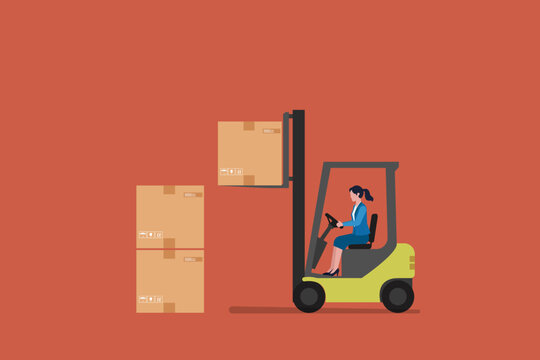 Business woman driving forklift truck loading boxes delivery frome business rich