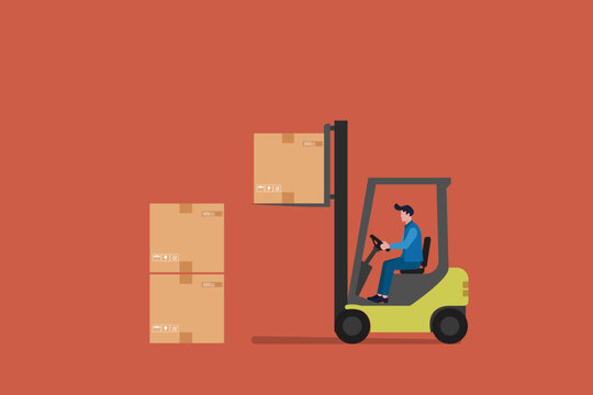 Businessman driving forklift truck loading boxes delivery frome business rich