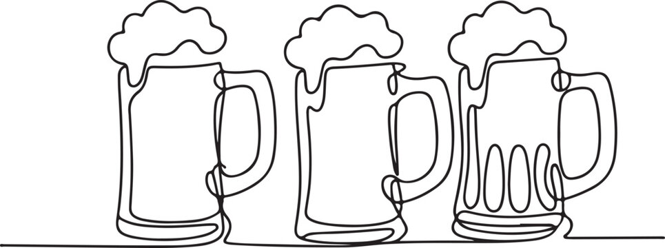Continuous one line drawing of three beer mugs filled with frothy beverage, perfect for pub design and brewery branding, celebrating social gatherings and good times