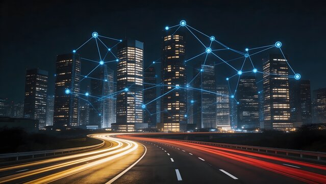 Nighttime cityscape with connected buildings