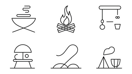 Camping and outdoor activities icons with barbecue grill fire pit and tent © Mdsahijul