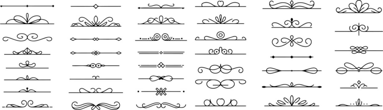 Vintage decorative line divider set with elegant text separators, ornamental border elements and classic vector flourish designs.eps