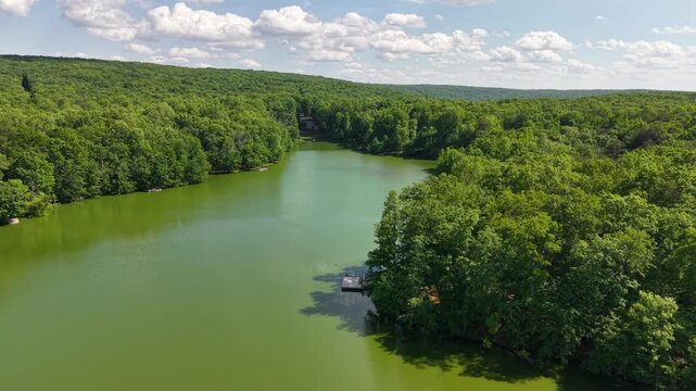 Close Aerial Drone View of Mountain Lake with Boat Dock and Forest Shoreline Menlo Georgia