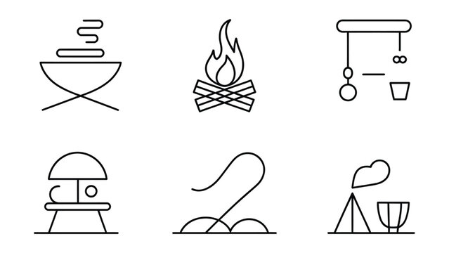 Camping and outdoor activities icons with barbecue grill fire pit and tent