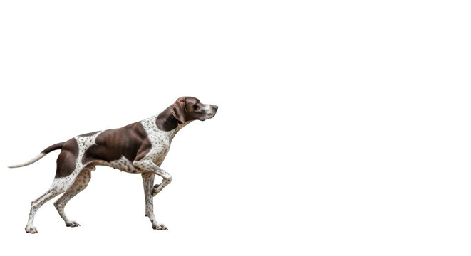 Brown and white spotted hunting dog in motion