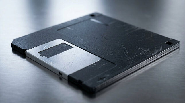 A close-up view of a black floppy disk on a metallic surface
