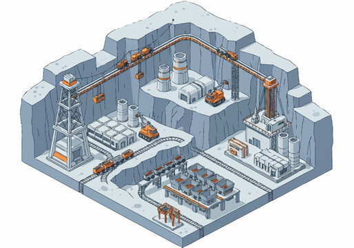 Isometric illustration of an industrial mining complex with trains and machinery.