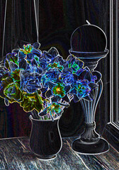 neonowe kwiaty, wielobarwne kontury kwiatów na czarnym tle, jaskrawe kontury bukietu kwiatów w wazonie, neon flowers, multi-colored flower outlines on a black background, bright outlines of a bouquet © kateej