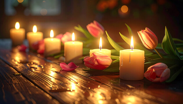 Lit candles and tulips on wooden table