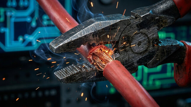 A pair of pliers gripping red wires with sparks flying as they connect