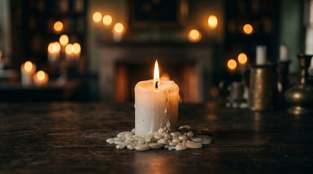 Cahaya lilin hangat menenangkan pada meja kayu pedesaan, menciptakan suasana nyaman, sempurna untuk dekorasi rumah dan kampanye liburan.