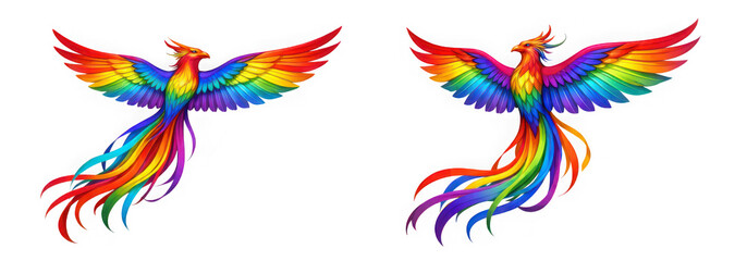 Fototapeta premium Mythical rainbow phoenix birds with colorful feathers and long tails as isolated on transparent background