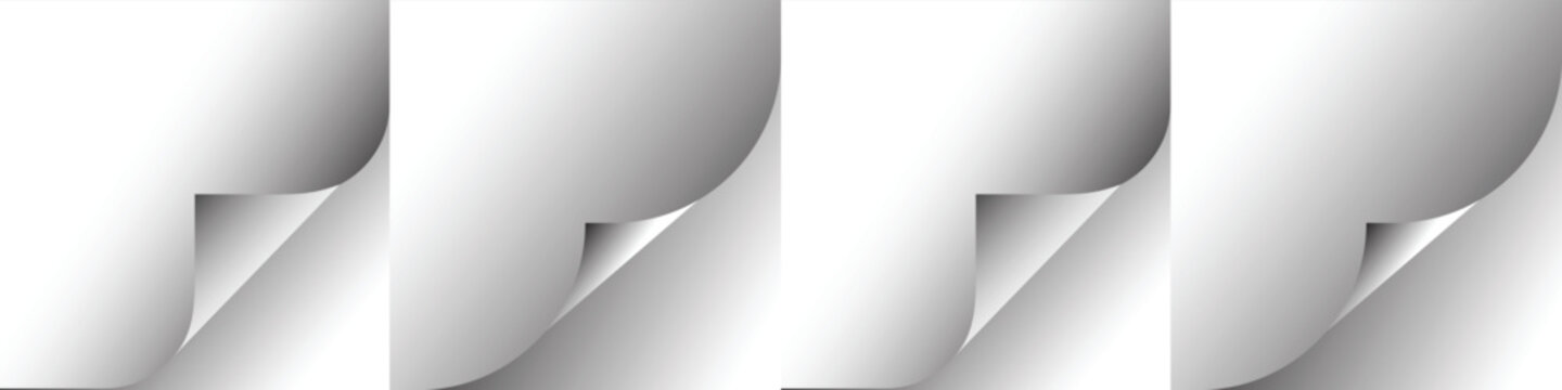 Curled page corners isolated on transparent background. Blank curve paper edge, bent sheet, note angle. Glossy paper corner turn effect isolated.