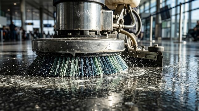 Close-up of a large industrial floor buffer machine with rotating brushes cleaning a shiny, wet floor in a spacious interior