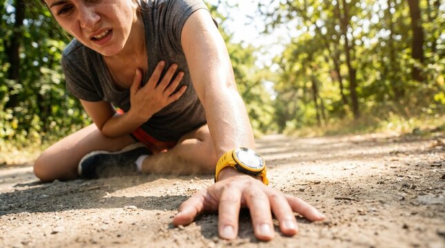 Young woman runner clutching chest in pain after falling on park trail.