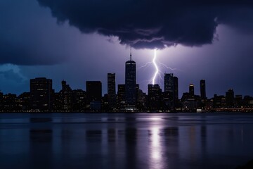 Obraz premium Dark sky above city skyline. Lightning strikes tall buildings over water at night. Dramatic weather event over urban landscape. Powerful nature.