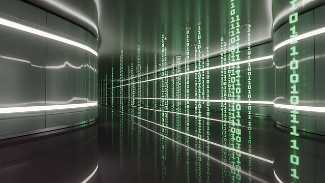 Green code flows down a futuristic tunnel with neon lights inside