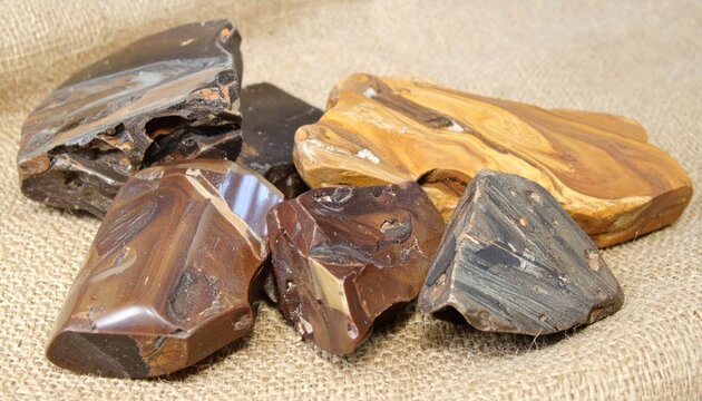Group of Rough Natural Obsidian Rocks With Glossy Surfaces