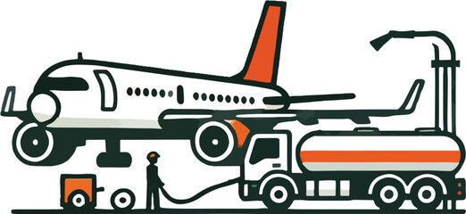 Naklejka premium Airplane refueling service with truck and worker vector