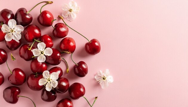 Top view of many red cherries and cherry flowers on pale pik background with copy space