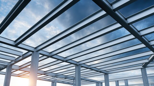Structural steel frame of a building under construction against a cloudy sky