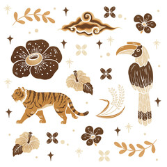 Set of hand drawn Illustration Indonesian Nature Icons, tropical Fauna and Floral Collection © CrazyLazyCat Art