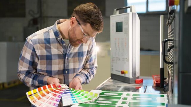Graphic designer comparing colors with swatch at printing plant factory