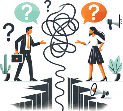 Business people facing a chasm with question marks