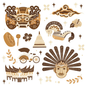 Indonesian Ethnic Elements Illustration for Tourism and Cultural Heritage Design with Barong, Ondel-ondel, and Rumah gadang