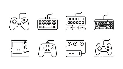 Line art illustrations of various gaming controllers and computer peripherals on white background © Mdsahijul
