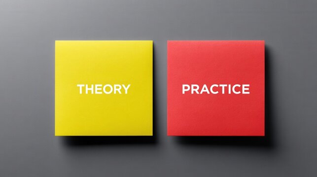 Conceptual representation of theory versus practice using colorful sticky notes