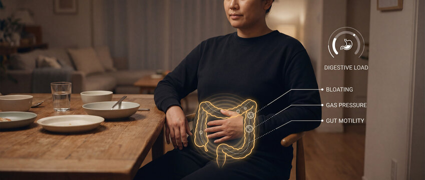 Digestive bloating concept with gut motility and gas pressure anatomy overlay