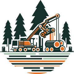 Naklejka premium Logging equipment and forest scene illustration Keywords: logging, forestry, crane, truck, logs