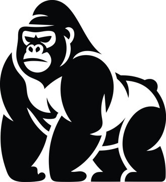 Black and white illustration of a gorilla in a crouched position facing left side