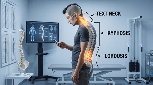 Text neck posture concept with kyphosis and lordosis spine overlay in clinic