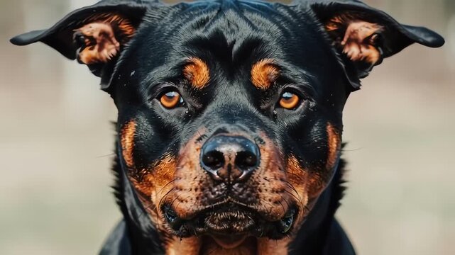 Close-up portrait of a Rottweiler dog with attentive expression
