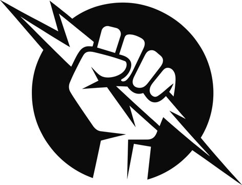 Fist holding lightning bolt in front of circle graphic symbol icon