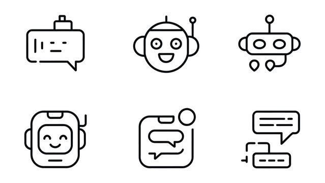 Set of chatbot and robot icons in line style on white background
